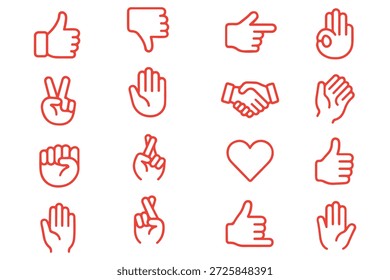 Hand gestures icon set. Contains such icons as handshake, clapping hands, horns, thumb up finger, middle finger, helping hand, heart, fingers crossed, fist, direction, like, unlike and more 