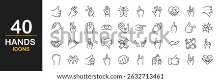 Hand gestures icon set. Contains such icons as handshake, clapping hands, horns, thumb up finger, middle finger, helping hand, heart,  fingers crossed, fist, direction, like, unlike and more