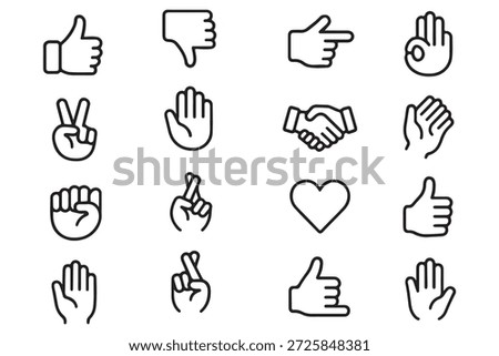 Hand gestures icon set. Contains such icons as handshake, clapping hands, horns, thumb up finger, middle finger, helping hand, heart, fingers crossed, fist, direction, like, unlike and more 
