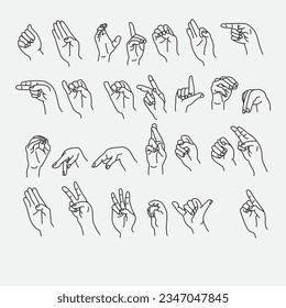 Hand gestures, icon set. Finger gesture, linear icons. Thumb up, ok, palm, point, stop, snap fingers. Line with editable stroke