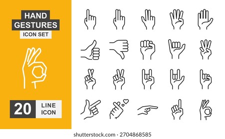 Conjunto de iconos de gestos de mano. Dedo, apretón de manos, ok, como, apuntando y más icono de línea.