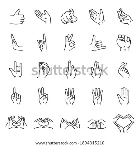 Hand gestures, icon set. Finger gesture, linear icons. Thumb up, ok, palm, point, stop, snap fingers. Line with editable stroke