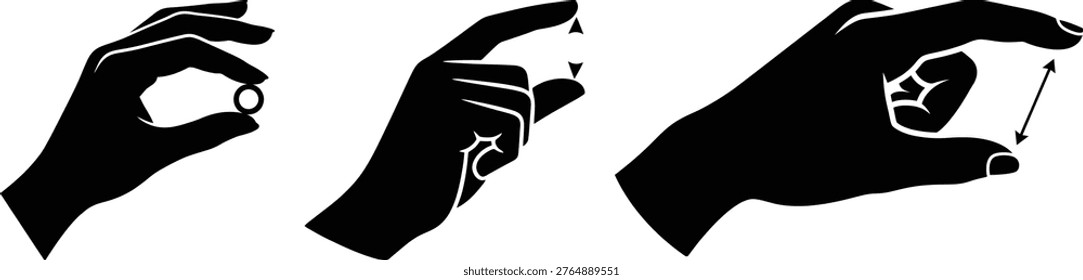 Hand gestures icon set for measuring small sizes and folding tiny objects silhouette. Hand demonstrating pinching, and zooming gestures with arrows and circles.