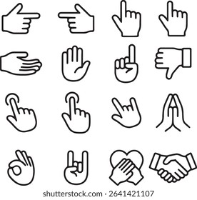 Hand Gestures Icon Set. Pointer Tap OK Pray Rock Handshake Outline.