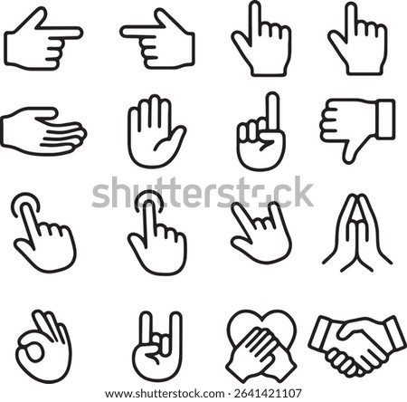 Hand Gestures Icon Set. Pointer Tap OK Pray Rock Handshake Outline.