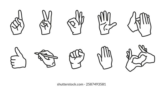 Hand gestures icon set. Various expressive finger signs. Communication and body language vector illustration. Victory and approval concept. Clapping, pointing and greeting symbol.