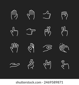 Hand gestures icon set, white lines on black background. Non-verbal communication using hands and fingers. Emotions, meanings, instructions conveyed. Customizable line thickness