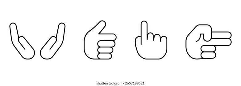 Hand gestures icon vector illustration in outline minimal style showing various finger signs for interaction, approval, direction and communication elements.