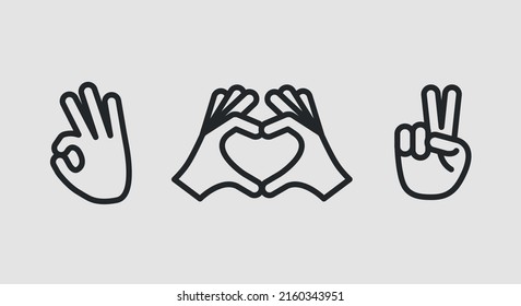 Hand gestures icons. OK, love and victory signs minimal icons. Icons for web design, app interface. Vector illustration