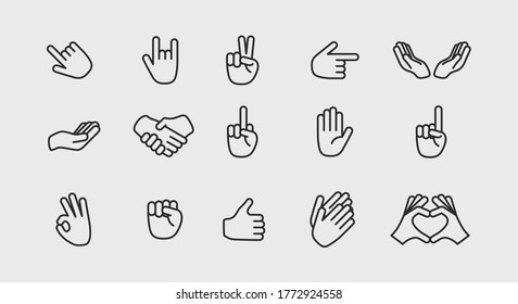Hand gestures icons set. Set of 15 Hands icons isolated on white background. Thumb up, handshake. Icons for web design, app interface. Vector illustration