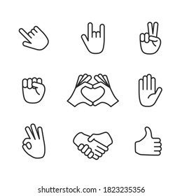 Hand gestures icons. Set of 9 hand line icons isolated on white background. Rock, Heart, Stop, Handshake, Thumb up signs. Vector illustration