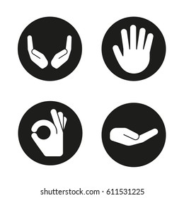 Hand gestures icons set. Begging and cupped hands, palm, ok gesture. Vector white silhouettes illustrations in black circles