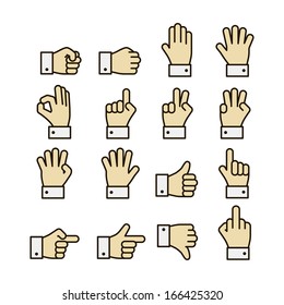 Hand gestures icons set, contrast color design isolated vector illustration