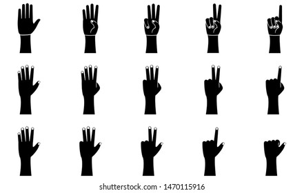 Hand gestures icons set in glyph style. Palm and wrist. One, two, three, four, five fingers vector illustration on a white background