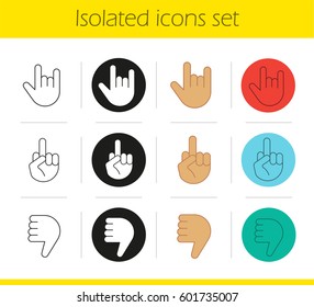 Hand gestures icons set. Linear, black and color styles. Dislike, heavy metal, middle finger up. Isolated vector illustrations
