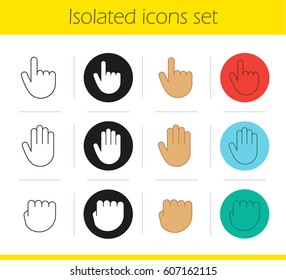 Hand gestures icons set. Linear, black and color styles. Palm, point up and squeezed fist. Isolated vector illustrations