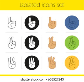 Hand gestures icons set. Linear, black and color styles. One, two, three fingers up. Isolated vector illustrations