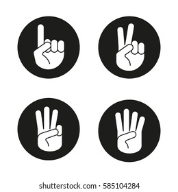 Hand gestures icons set. One, two, three and four fingers up. Vector white silhouettes illustrations in black circles