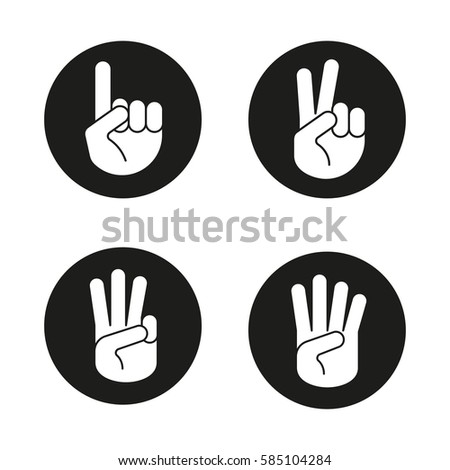 Hand gestures icons set. One, two, three and four fingers up. Vector white silhouettes illustrations in black circles