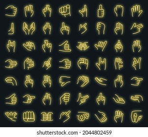 Hand gestures icons set. Outline set of hand gestures vector icons neon color on black