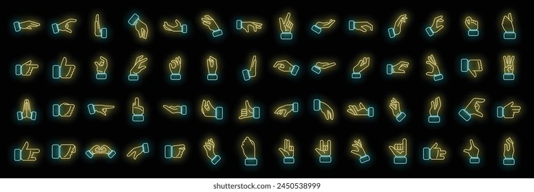 Hand gestures icons set outline vector. Shake finger. Give stop neon color on black
