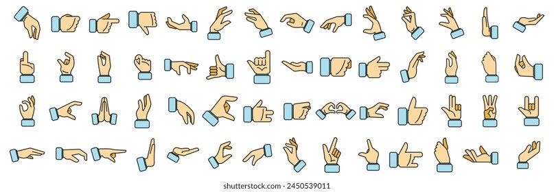 Hand gestures icons set outline vector. Shake finger. Give stop thin line color flat on white