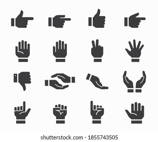 Hand gestures icons set, such as a finger, motivation, point, fist, and more.