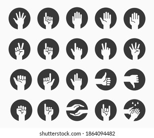 Hand gestures icons set, such as finger, touch, point, fist, and more. Vector illustration.