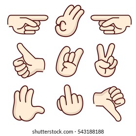 Hand gestures icons vector line art. middle finger,fuck you,rock,ok,thumb up,thumb down,high five,pointing.