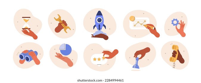 Hand gestures illustration set. Characters hands giving feedback, launching rocket, holding hourglass, phone and other corporate stuff as business processes metaphor. Vector illustration.