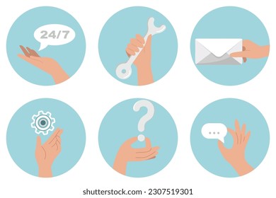 Conjunto de ilustraciones de gestos manuales. Caracteres apuntando a un icono durante todo el día, llave inglesa, letra, engranaje, signo de interrogación, mensaje de tecleo de iconos. Asistencia técnica, comunicación por correo electrónico. Concepto de negocio.