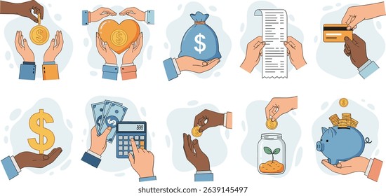 Hand gestures illustration set. Characters hands holding bill, credit card, cash money and other business and finance stuff.