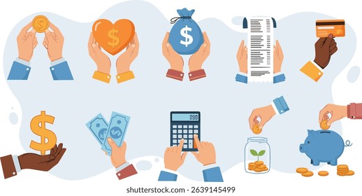 Hand gestures illustration set. Characters hands holding bill, credit card, cash money and other business and finance stuff.