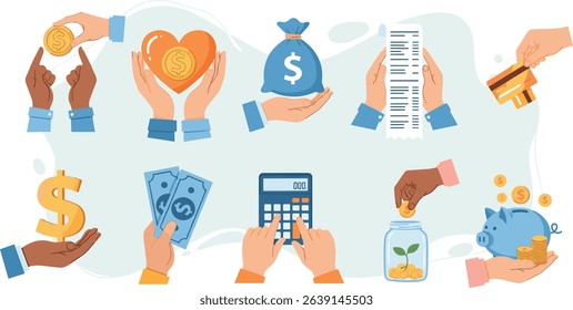 Hand gestures illustration set. Characters hands holding bill, credit card, cash money and other business and finance stuff.