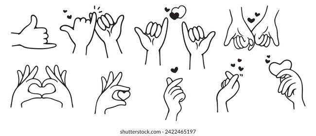 Hand gestures, intertwined fingers, and heart-shaped signs symbolize concepts of love and friendship.