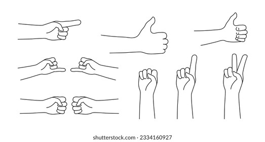 Hand gestures isolated vector icon outline. Line art human hands show different signals, signs. Stickers for web, covers, print, icons, symbols, gesture concept.