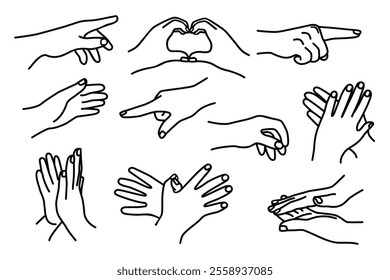 Hand gestures Line Art set.Vector graphic design of human palms isolated on white background.Applause, pointing finger,showing heart and wings.Contour elements for use in banner,poster,sticker,card.