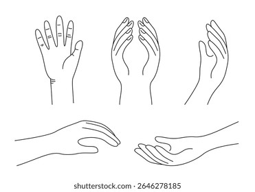 Mão gestos linha coleção de desenho, preto e branco Ilustrações.