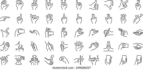 Hand gestures line icon set. Included icons as fingers interaction,  pinky swear, forefinger point, greeting, pinch, hand washing and more. - Shutterstock ID 1498284257