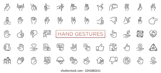 Hand gestures line icon set. Included icons as fingers interaction, pinky swear, forefinger point, greeting, pinch, hand washing and more.