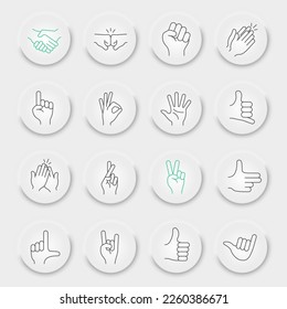 Hand Gestures line icon set, gesture collection, vector graphics, neumorphic UI UX buttons, hand gestures vector icons, hand signs, outline pictograms, editable stroke