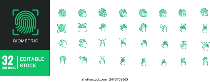 Hand gestures line icon set editable stroke. fingers interaction, Biometric, forefinger point, greeting, pinch.	
