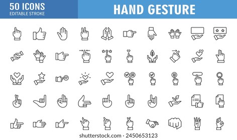 Hand gestures line icon set. Included icons as fingers interaction,  pinky swear, forefinger point, greeting, pinch, hand washing and more.