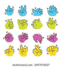 Hand gestures line icon set. Included icons as fingers interaction, pinky swear, forefinger point, greeting, pinch, hand washing.