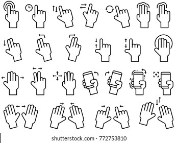 Hand gestures line icon set for touch screen or application interface