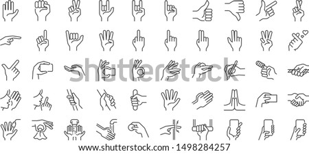 Hand gestures line icon set. Included icons as fingers interaction,  pinky swear, forefinger point, greeting, pinch, hand washing and more.