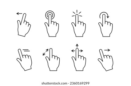 Hand gestures line icon. Touch screen controls for app, device interface. Finger swipe, tap on digital screens. vector illustration.