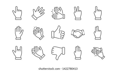Hand gestures line icons. Handshake, Clapping hands, Victory. Horns, Thumb up finger, drag and drop icons. Donation hand gestures, click, helping hand. Linear set. Vector