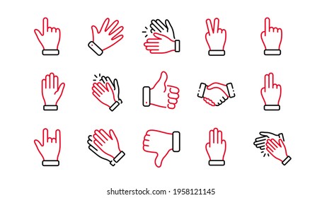 Hand gestures line icons. Handshake, Clapping hands, Victory. Horns, Thumb up finger, drag and drop icons. Donation hand gestures, click, helping hand. Linear set. Linear set. Quality line set. Vector