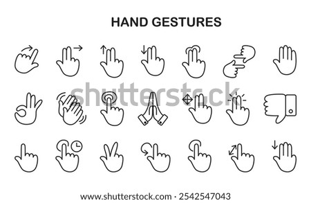 Hand Gestures line icons for mobile UI UX design. Tap, scroll, touch, folded hands, point-right, free drag, rotate, thumb down, swipe vector icons